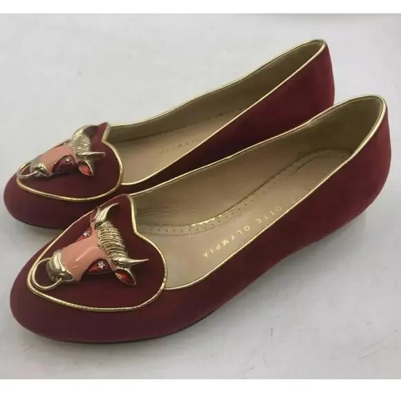 Charlotte Olympia bull flats burgundy red 34 / US 4 authentic
